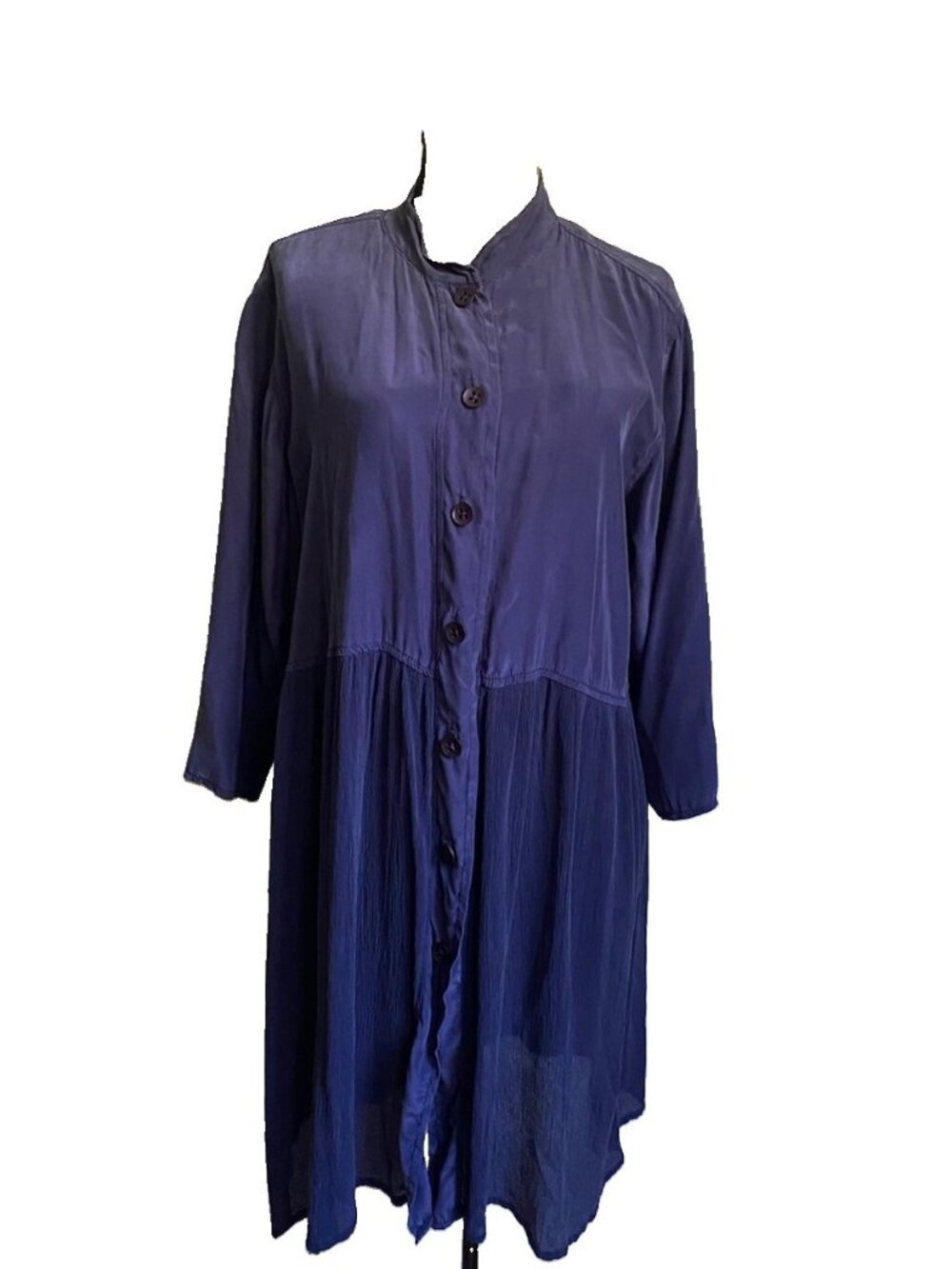 Uru Blouse Tunic Top Navy Blue Silk Button Front XL